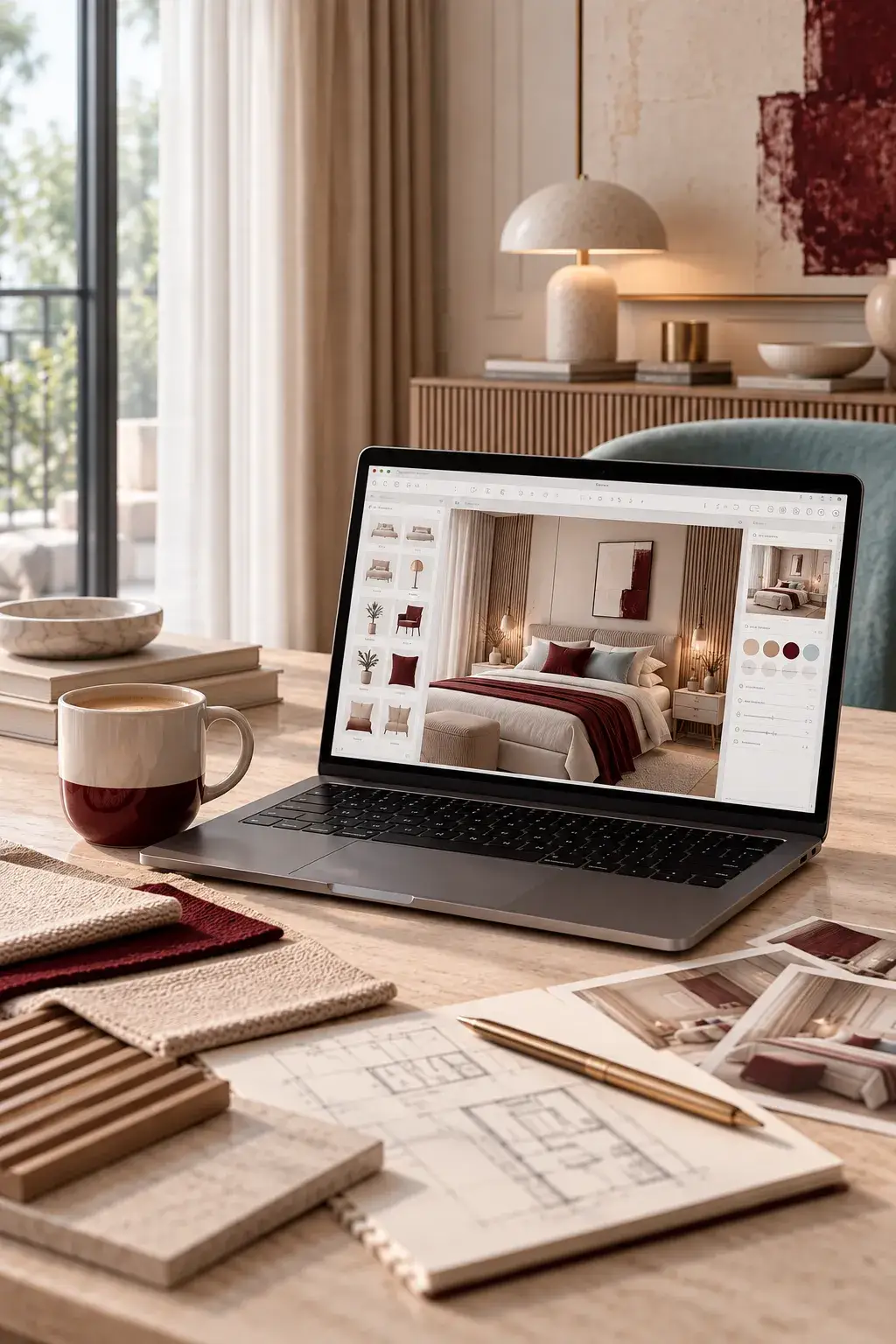 Laptop z wizualizacją sypialni na ekranie, obok rzut mieszkania, próbki tkanin i kubek kawy