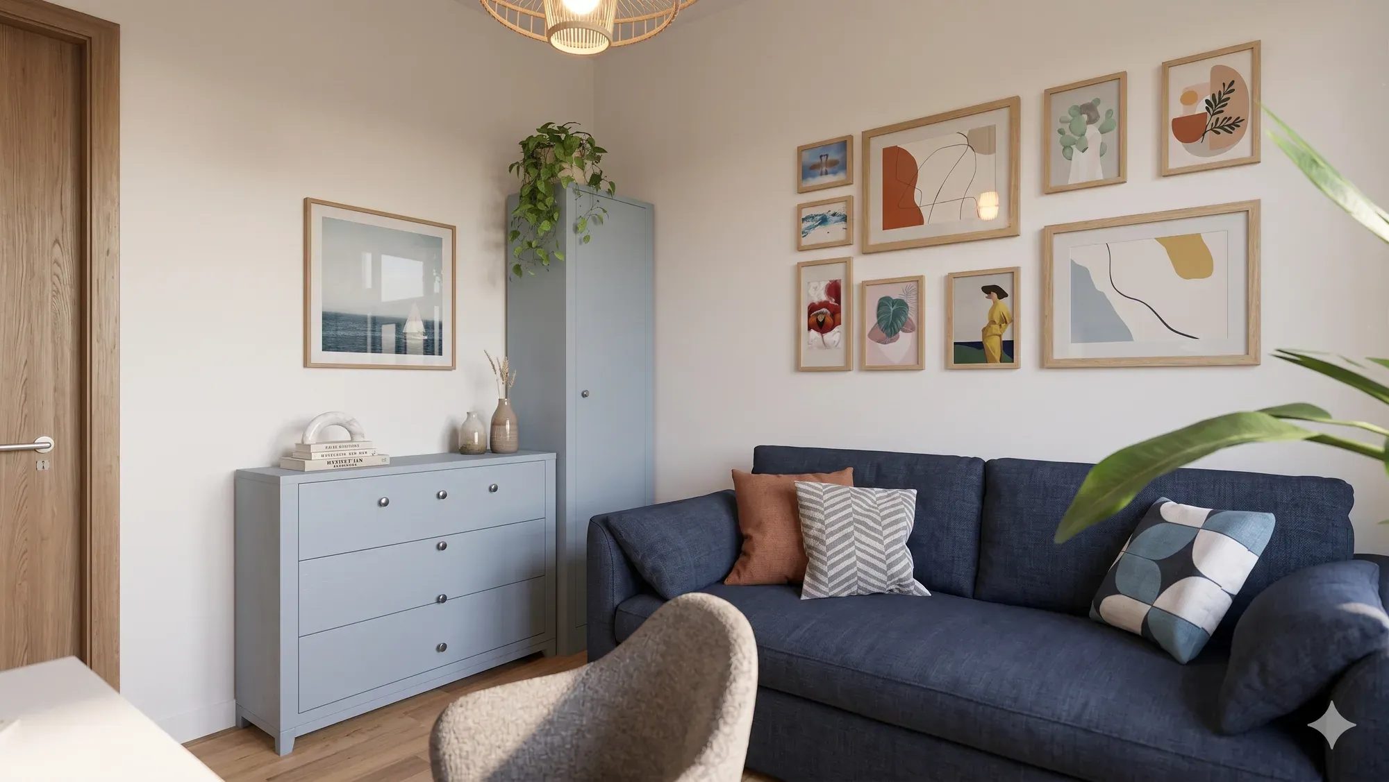 Wizualizacja dodatkowego pokoju: granatowa sofa, szara komoda i galeria grafik
