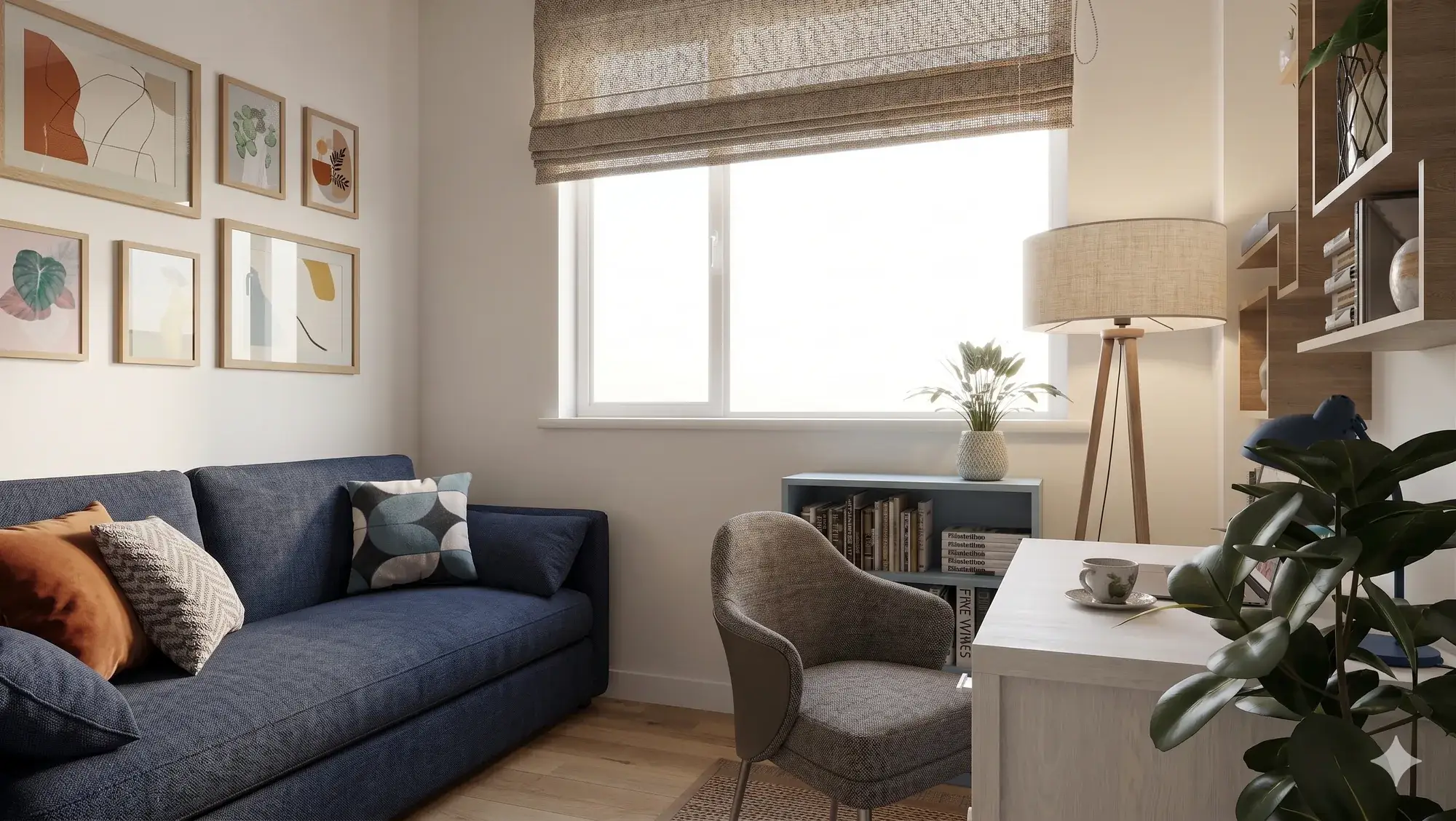 Wizualizacja dodatkowego pokoju: granatowa sofa, fotel, lampa podłogowa i biurko