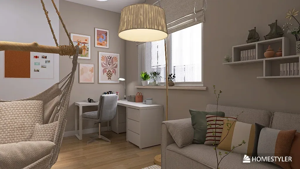 Wizualizacja pokoju nastolatki: biurko przy oknie, lampa i sofa z poduszkami