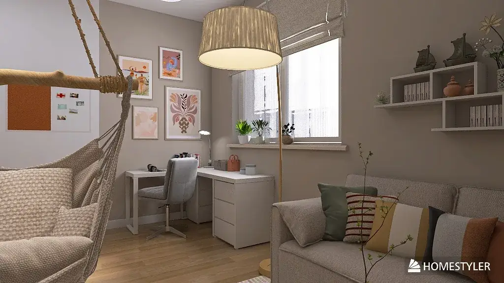 Wizualizacja pokoju nastolatki: biurko przy oknie, lampa i sofa z poduszkami
