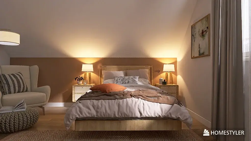 Wizualizacja sypialni: łóżko z beżową pościelą, lampki nocne i fotel pod skosem