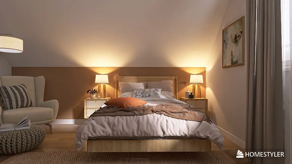 Wizualizacja sypialni: łóżko z beżową pościelą, lampki nocne i fotel pod skosem