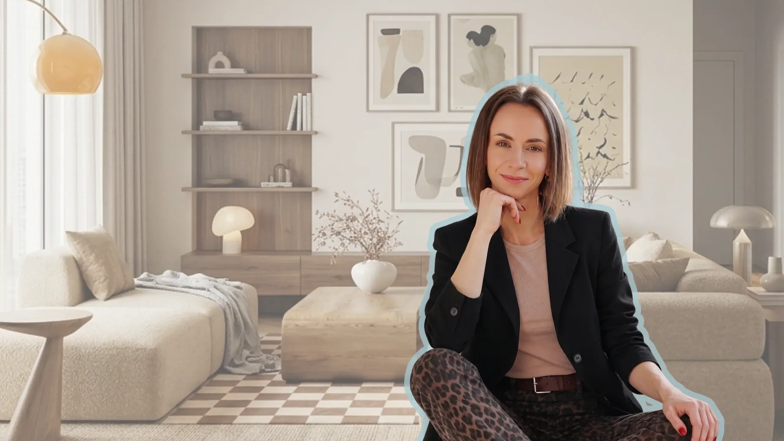 Ewa Smolińska siedzi z dłonią przy brodzie na tle jasnego salonu z beżową sofą, drewnianym regałem i grafikami na ścianie