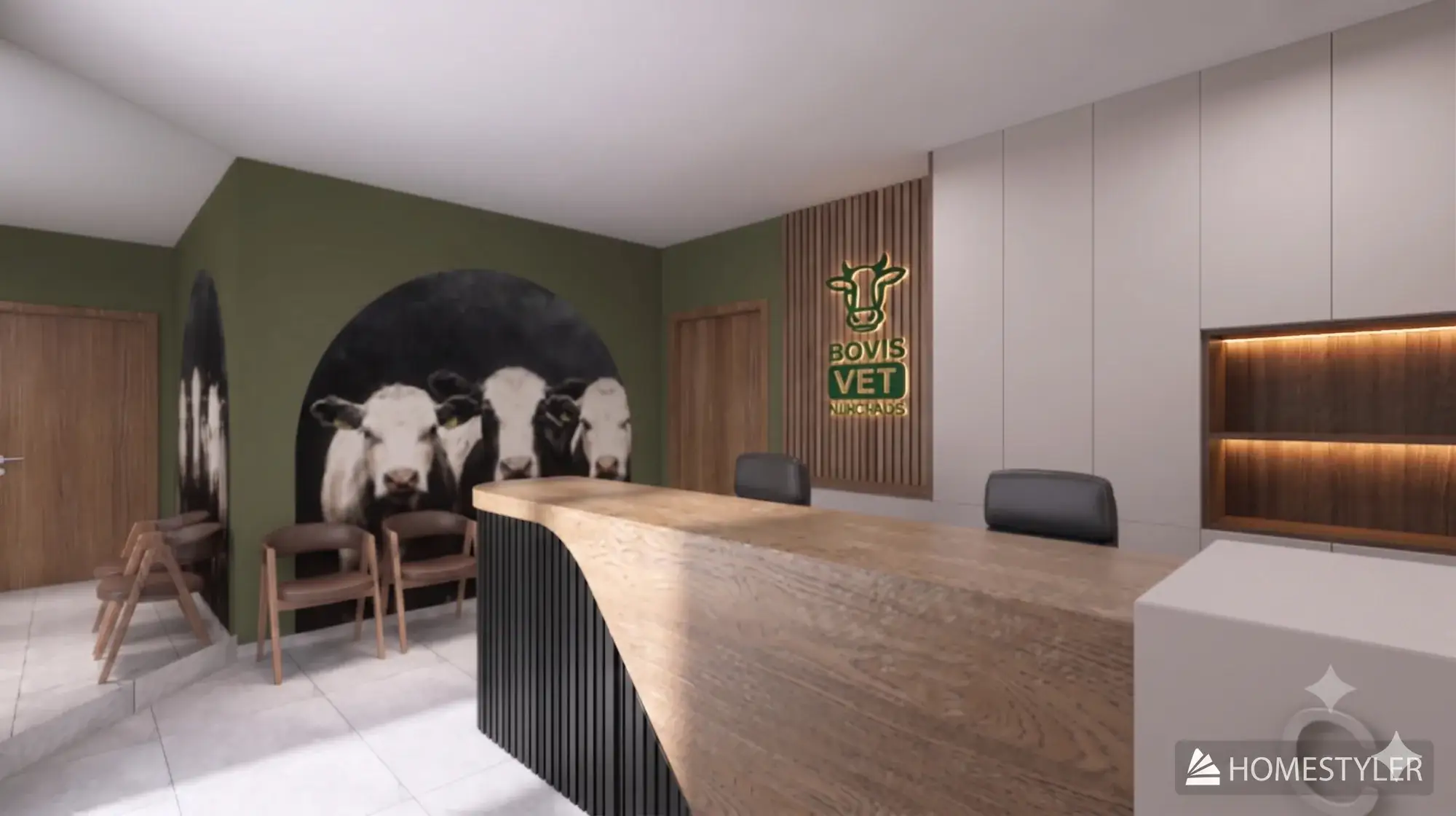 Wizualizacja recepcji: lada, zielona ściana z logo i duża grafika z krowami na ścianie