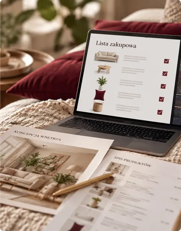 Laptop z listą zakupową na ekranie, obok wydruki koncepcji wnętrza i spisu produktów