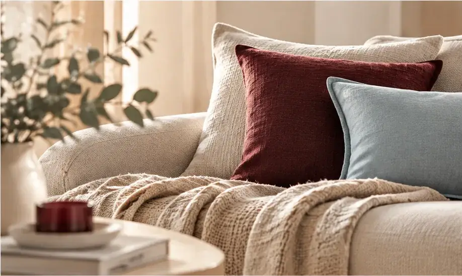 Jasna sofa z bordową i błękitną poduszką, lniany pled i świeca na stoliku